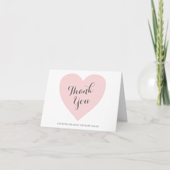 Cute Pastel Pink Heart Girl Baby Shower Thank You Card (Front)