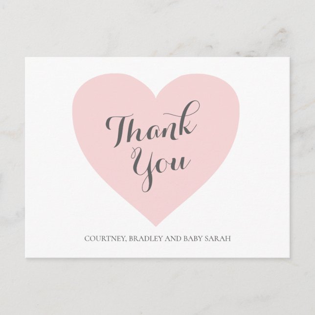 Cute Pastel Pink Heart Girl Baby Shower Thank You Postcard (Front)