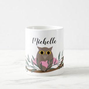 Cute Pastel Pink Heart Owl On Branch Personalised Coffee Mug