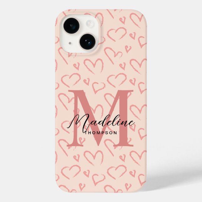 Cute Pastel Pink Heart Pattern Script Monogram Case-Mate iPhone Case (Back)