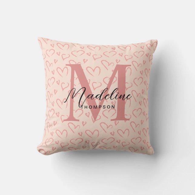 Cute Pastel Pink Heart Pattern Script Monogram Cushion (Front)