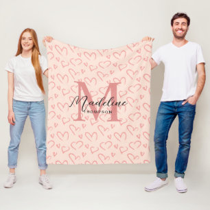 Cute Pastel Pink Heart Pattern Script Monogram Fleece Blanket