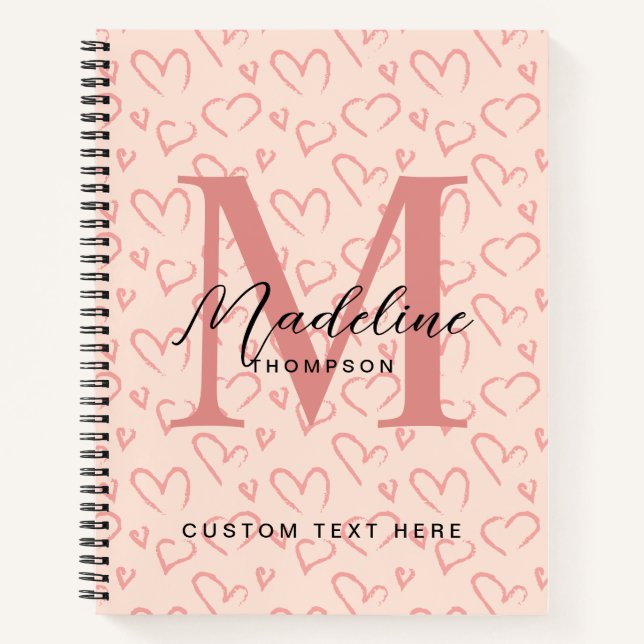 Cute Pastel Pink Heart Pattern Script Monogram Notebook (Front)