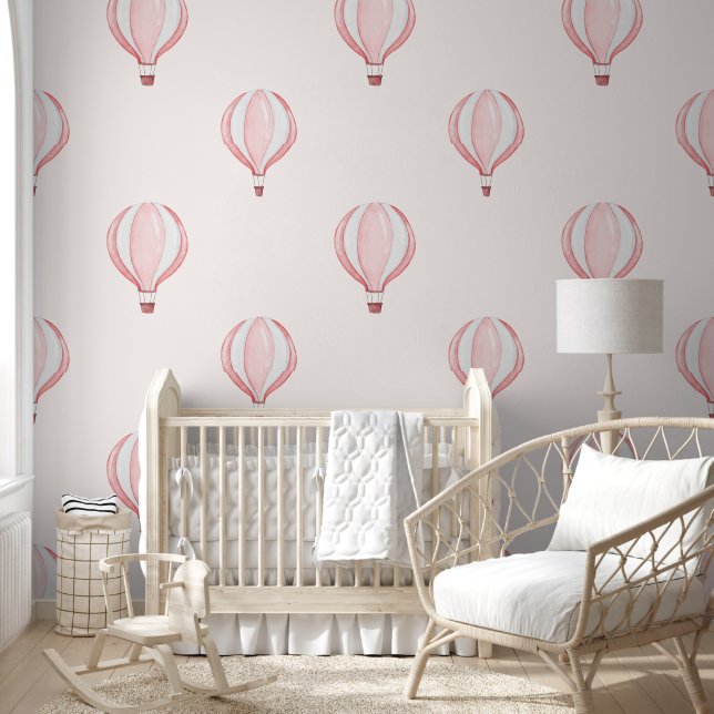 Cute Pastel Pink Hot Air Balloon Baby Girl Nursery Wallpaper (Kids)