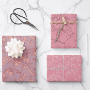 Cute Pastel Pink & Lilac Girly Cherries & Bows Wrapping Paper Sheet