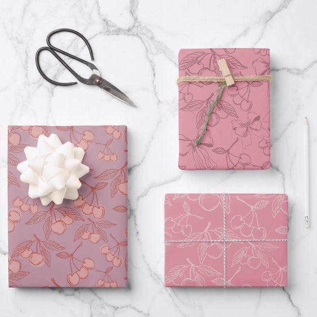 Cute Pastel Pink & Lilac Girly Cherries & Bows Wrapping Paper Sheet (Front)