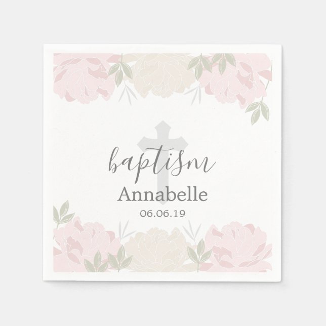 Cute Pastel Pink Peonies Baby Baptism Napkin (Front)