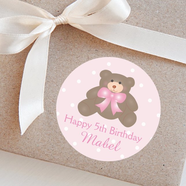 Cute Pastel Pink Ribbon Teddy Bear Girl Birthday Classic Round Sticker (Creator Uploaded)