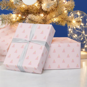 Cute Pastel Pink Rose Christmas Trees Pattern Wrapping Paper