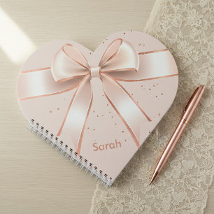 Cute pastel pink satin bow personalized heart notebook