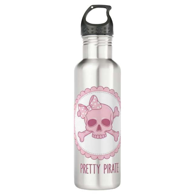 Cute Pastel Pink Skull with Bow and Crossbones Des 710 Ml Water Bottle (Front)