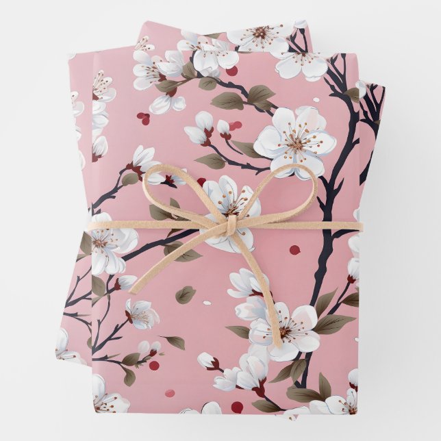 Cute Pastel Pink White Sakura Tree Branch Asian Wrapping Paper Sheet (In situ)