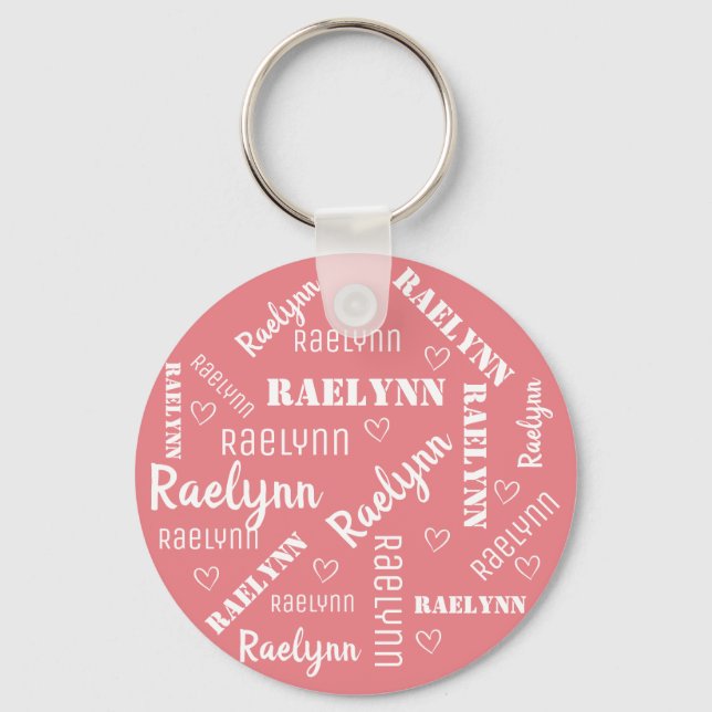 Cute Pastel Pink Word Art Cloud Heart Name Custom Key Ring (Front)