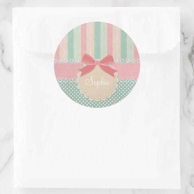 Cute Pastel Polka Dot & Stripes Design Classic Round Sticker (Bag)