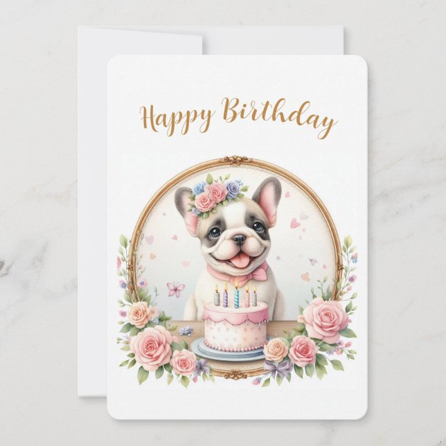 Cute Pastel Puppy French Bulldog - Birthday Card (Front)