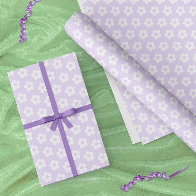 Cute Pastel Purple White Cartoon Daisy Flower Wrapping Paper (In Situ)