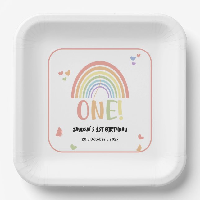 Cute Pastel Rainbow 1st Birthday Paper Plate (Front)