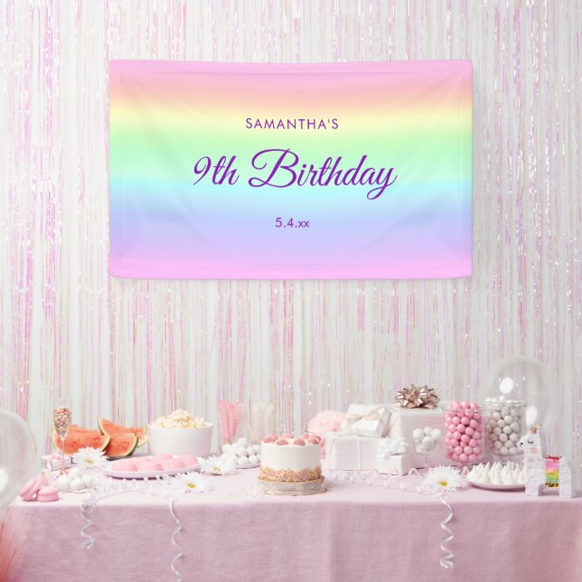 Cute Pastel Rainbow 9th Birthday Backdrop Banner (Party)