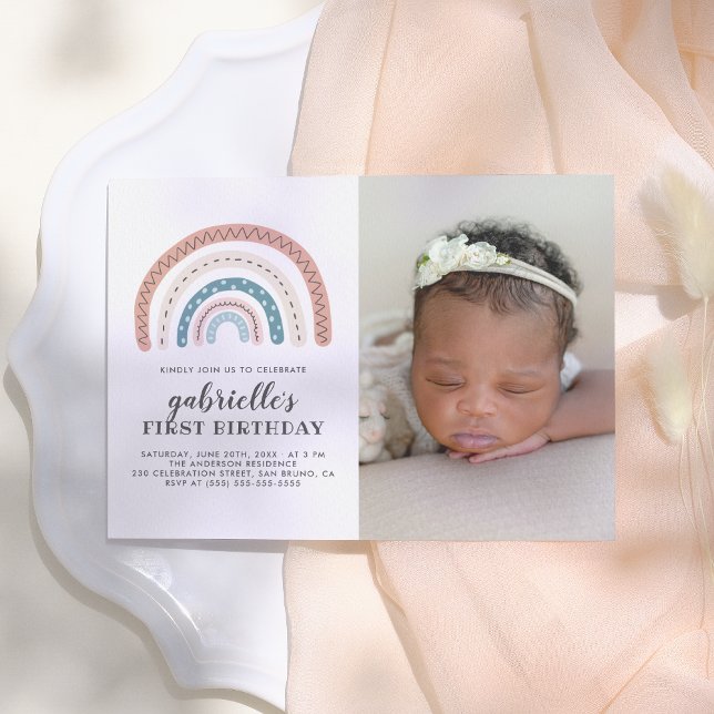 Cute Pastel Rainbow Girl's First Birthday Photo Invitation (Creator Uploaded)