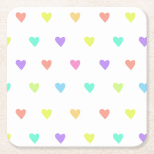 Cute Pastel Rainbow Hearts Pattern Square Paper Coaster
