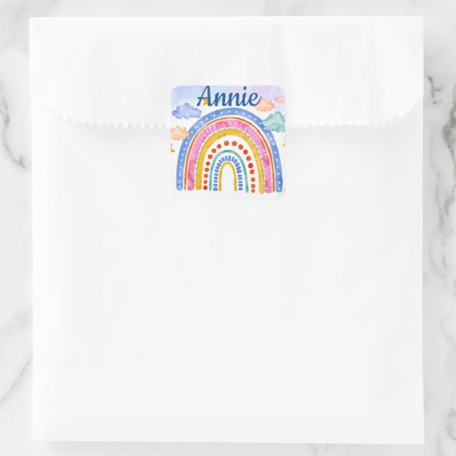 Cute pastel rainbow personalised  square sticker (Bag)