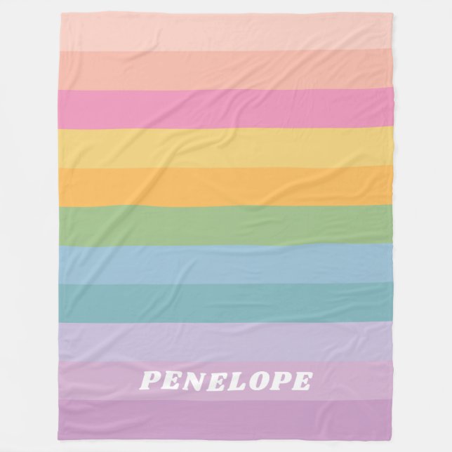 Cute Pastel Rainbow Stripes Personalised Name Fleece Blanket (Front)
