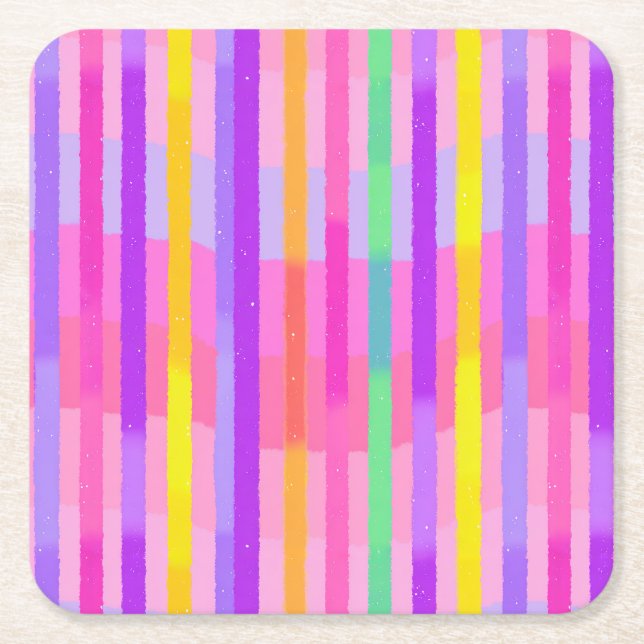 Cute Pastel Rainbow Stripes Square Paper Coaster (Front)