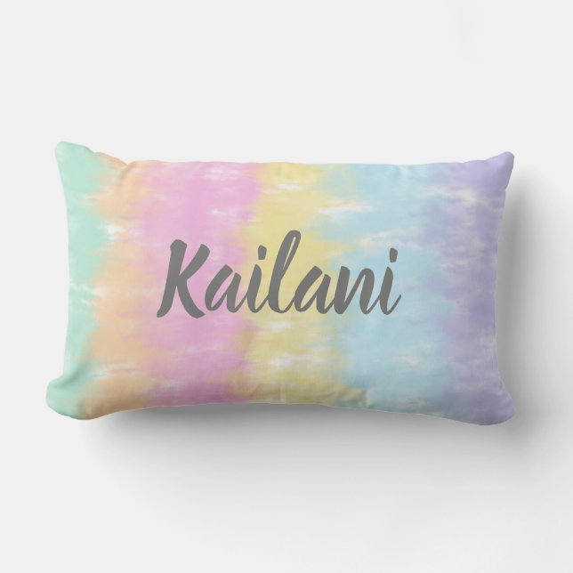 Cute Pastel Rainbow Tie Dye Stripes Name Lumbar Pi Cushion (Front)