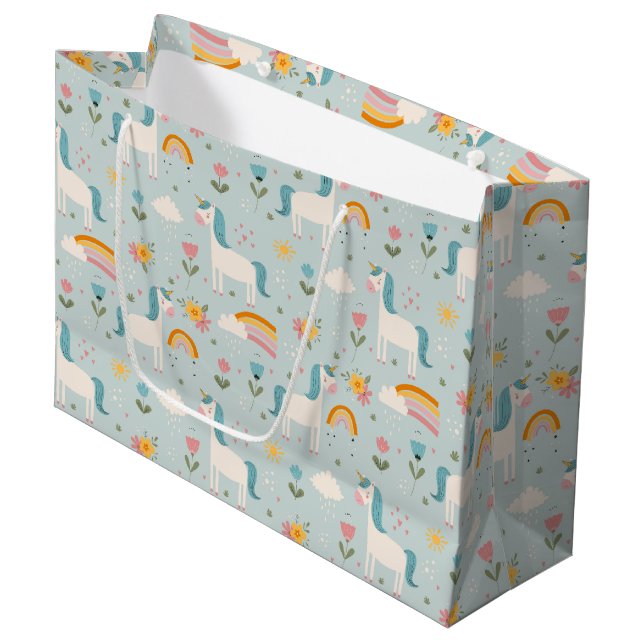 Cute pastel Rainbow Unicorn Pattern Large Gift Bag (Front Angled)