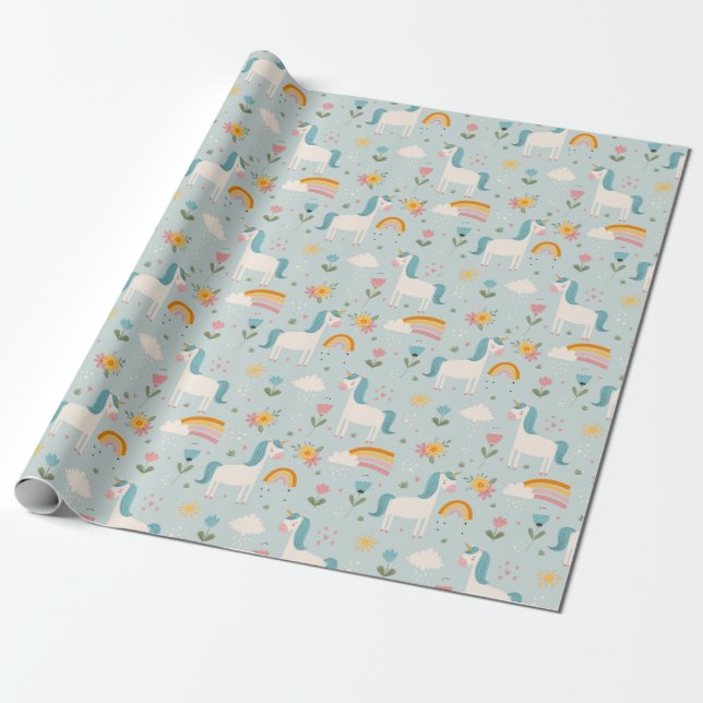 Cute pastel Rainbow Unicorn Pattern Wrapping Paper (Unrolled)