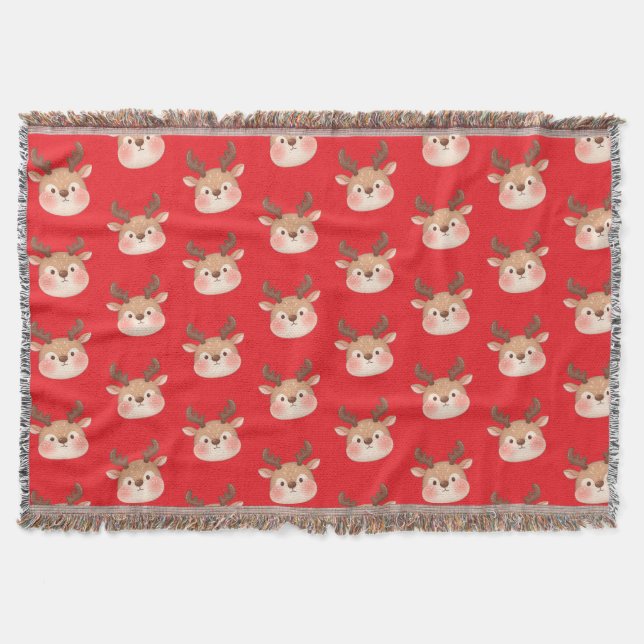 Cute Pastel Reindeer Head Throw Blanket (Front)