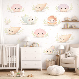 Cute Pastel Seashells Watercolor Nursery Baby Room Wallpaper