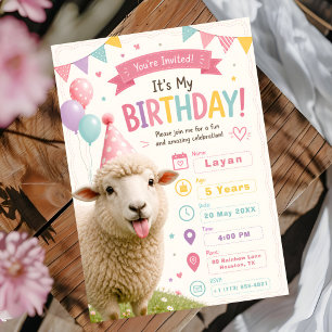 Cute Pastel Sheep Birthday Invitation