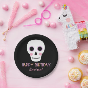Cute Pastel Skull Halloween Birthday Name Paper Plate
