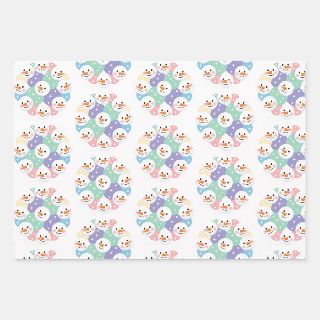 Cute Pastel Snowman Heads Seamless Wrapping Paper Sheet (Front)