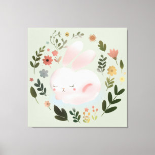 Cute Pastel Spring Bunny Floral Wreath Nursery Art Canvas Print