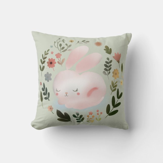 Cute Pastel Spring Bunny Floral Wreath Nursery Art Cushion (Front)