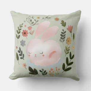 Cute Pastel Spring Bunny Floral Wreath Nursery Art Cushion