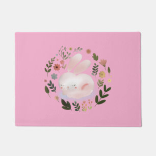 Cute Pastel Spring Bunny Floral Wreath Nursery Art Doormat