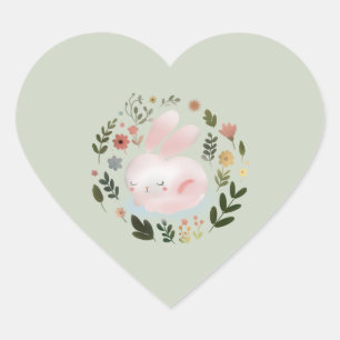 Cute Pastel Spring Bunny Floral Wreath Nursery Art Heart Sticker