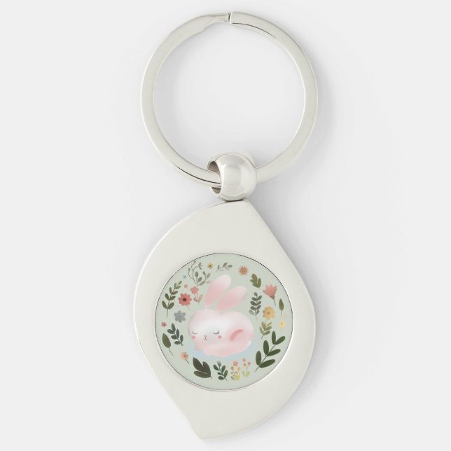 Cute Pastel Spring Bunny Floral Wreath Nursery Art Key Ring (Front)