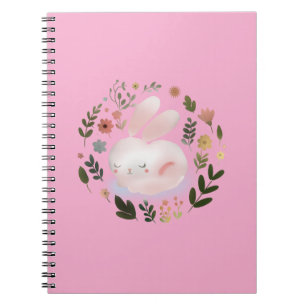 Cute Pastel Spring Bunny Floral Wreath Nursery Art Notebook