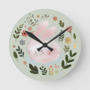 Cute Pastel Spring Bunny Floral Wreath Nursery Art Round Clock