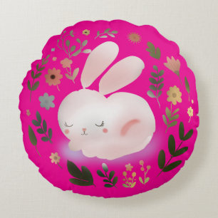 Cute Pastel Spring Bunny Floral Wreath Nursery Art Round Cushion