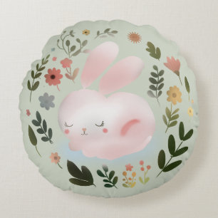 Cute Pastel Spring Bunny Floral Wreath Nursery Art Round Cushion