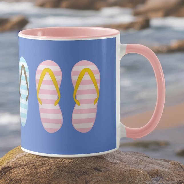 Cute Pastel Striped Flip Flops on Blue Mug (Creator Uploaded)