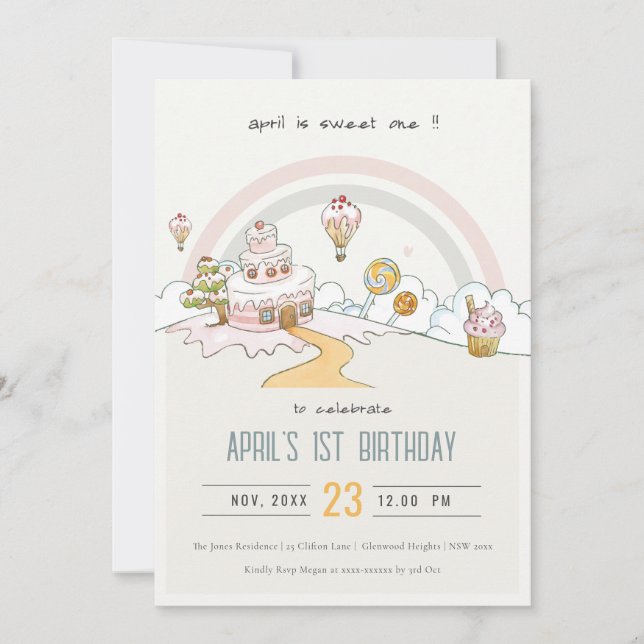Cute Pastel Sweet One Candy Land 1st Birthday Invitation (Front)