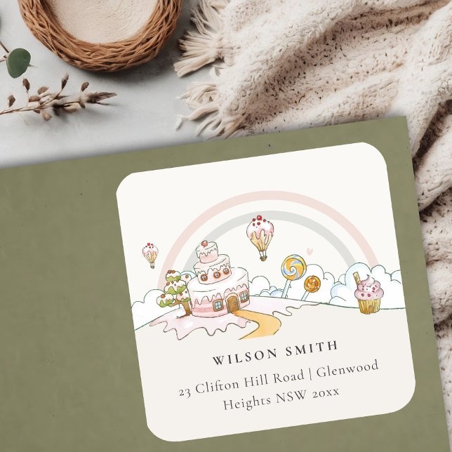 Cute Pastel Sweet Time Candy Land Kids Address Square Sticker (Creator Uploaded)