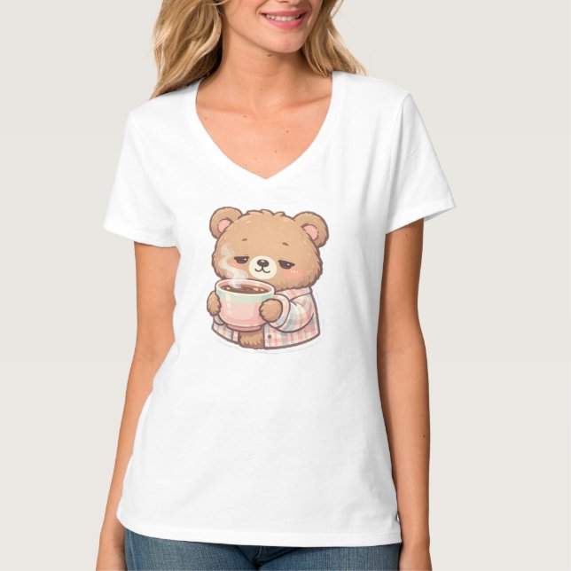 Cute Pastel Teddy Bear Drinking Coffee Sticker  T-Shirt (Front)