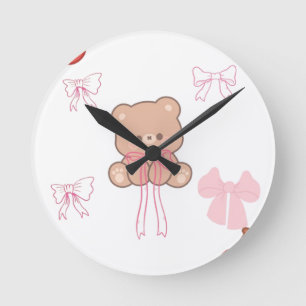 Cute Pastel Teddy Bear Pink Bow Dreamy Aesthetic Round Clock